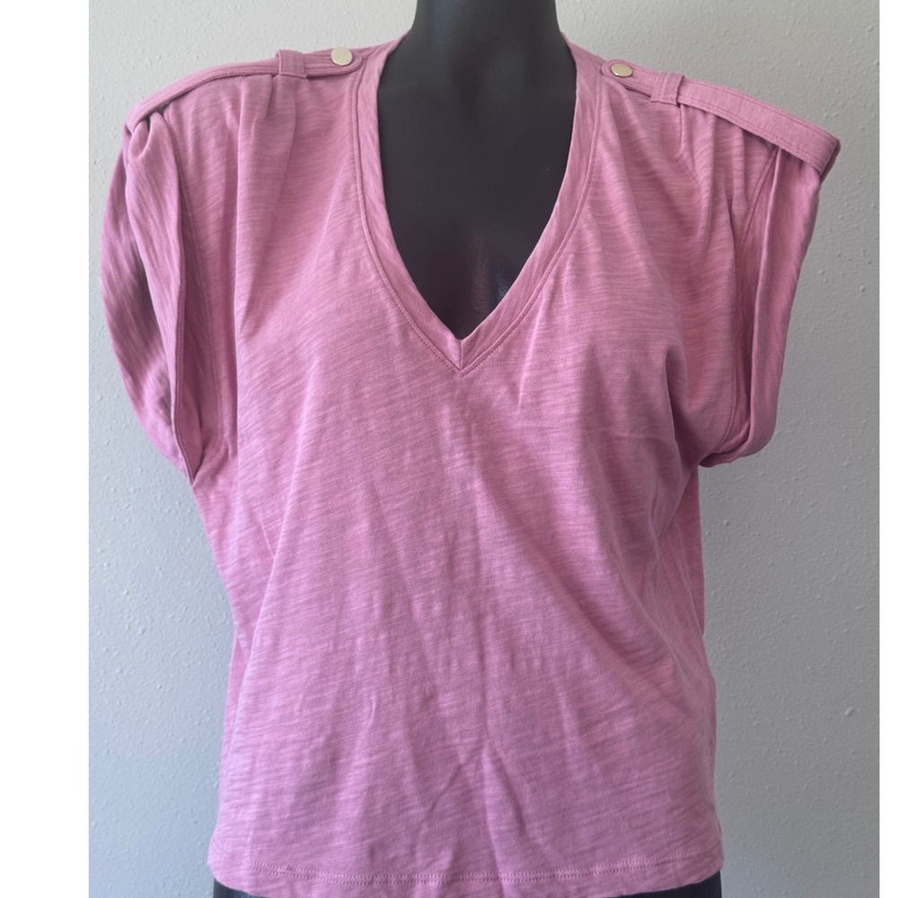 Nation LTD Los Angeles Pink Slub Cotton Epaulette V-Neck Tee Shirt Med